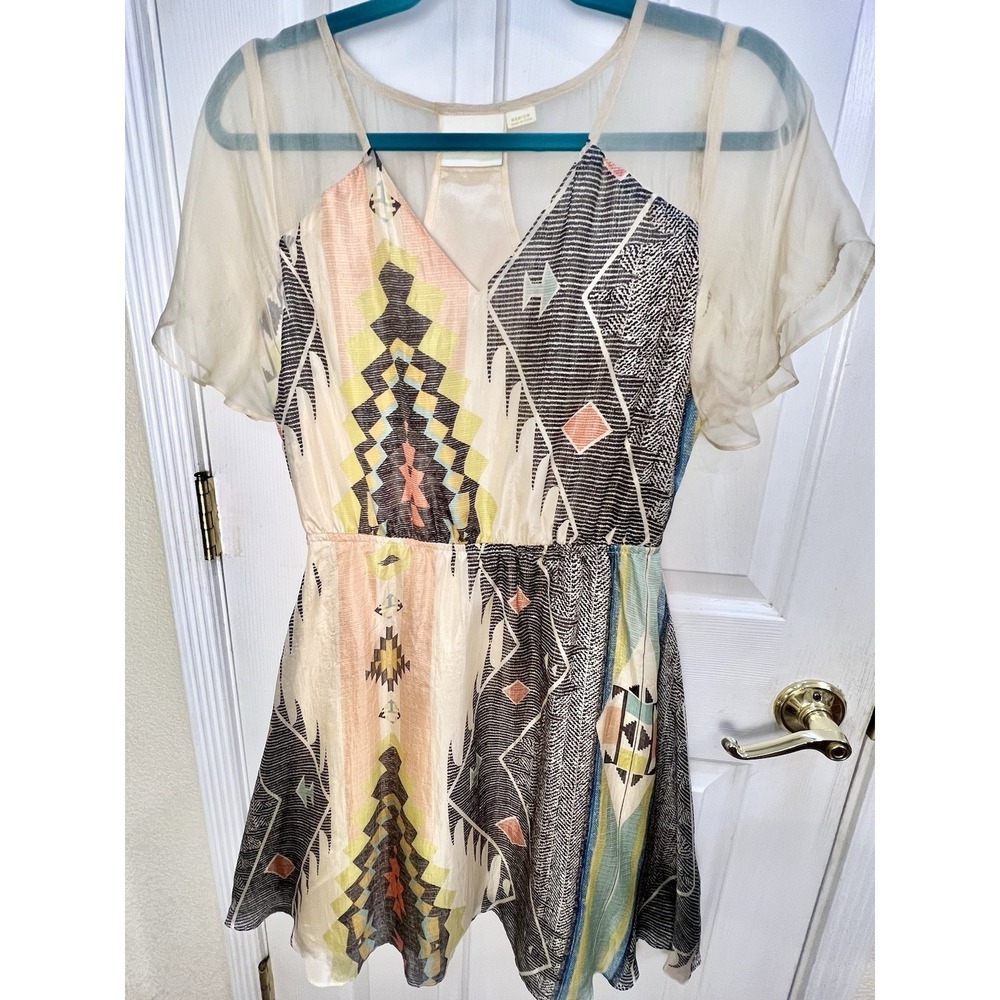 Anthropologie Maeve silk geometric print dress Medium Boho Aztec Romantic As Is